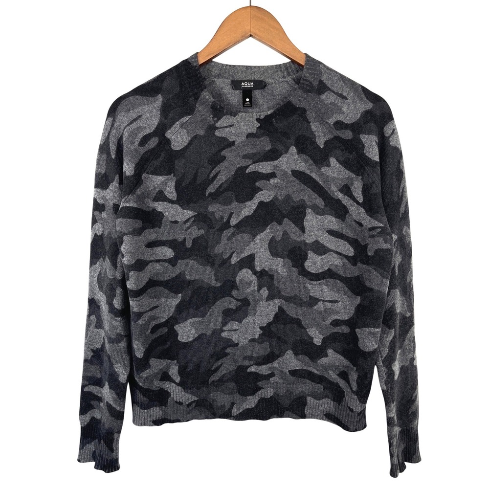 Aqua Womens Camo Raglan Crew Neck Cashmere Sweater S Edgy Chic Luxury Streetwear